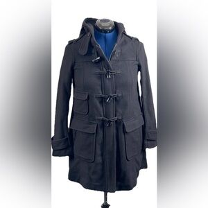 Gap Women Duffle Coat Black Wool Toggles Full Zip Pockets Hooded Long Sleeves XS